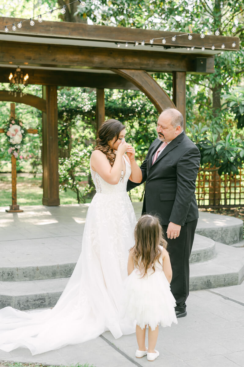 emotional first look with dad at Shirley Acres in Houston