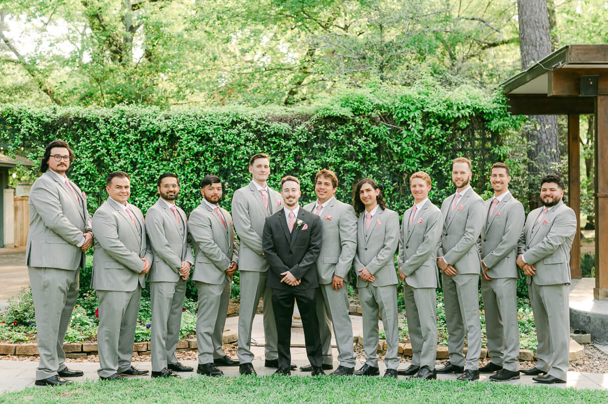 groomsmen in grey suits at Houston wedding