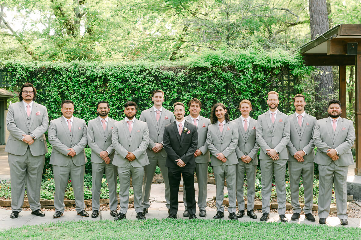 groomsmen in grey suits at Houston wedding
