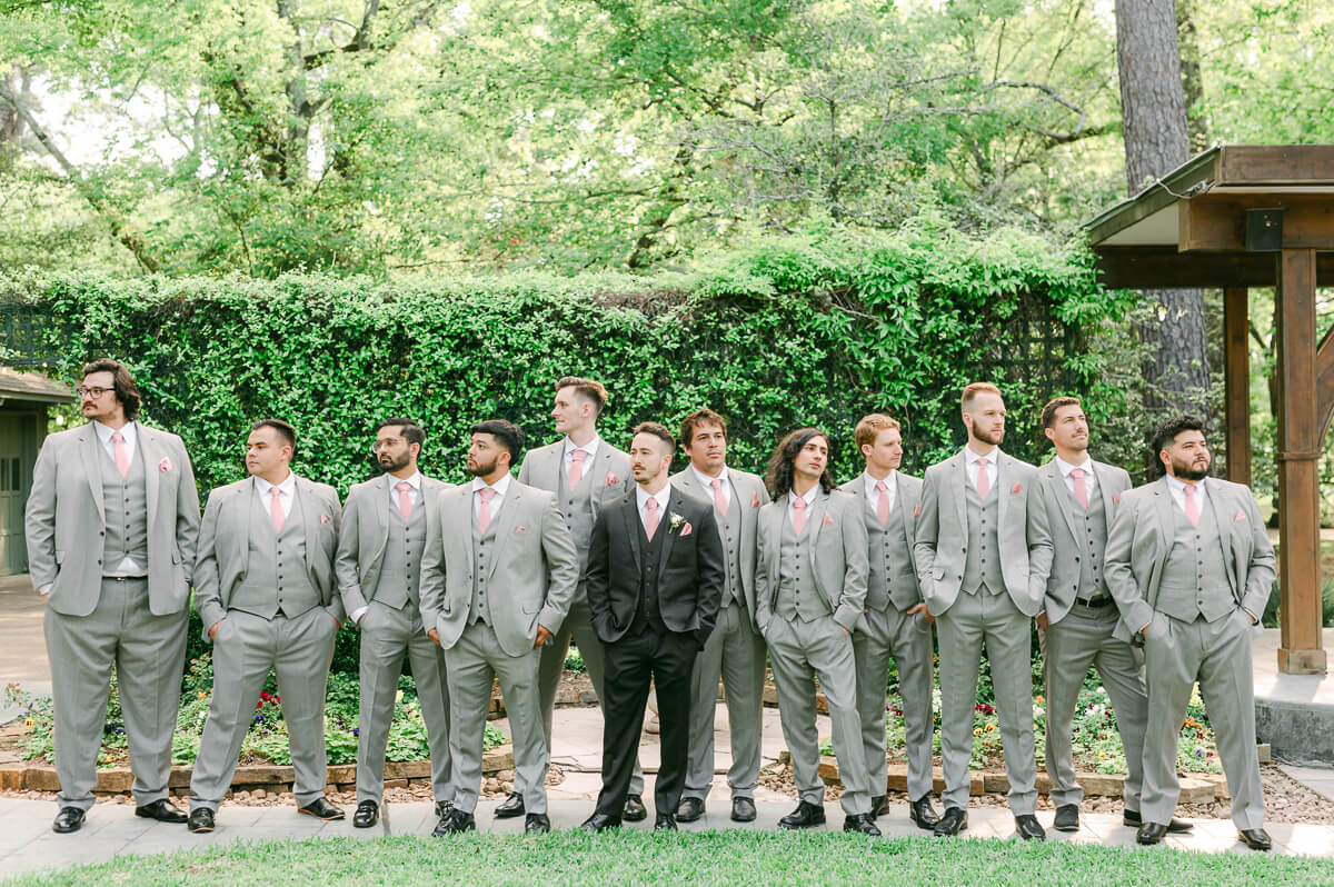 groomsmen in grey suits at Houston wedding