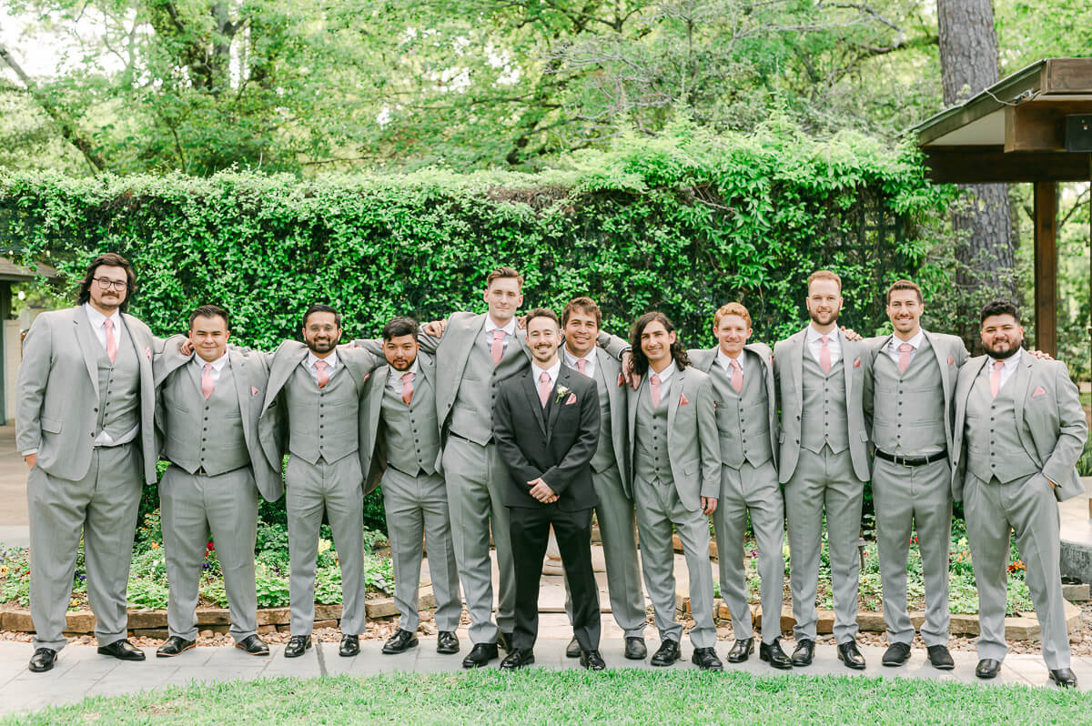 groomsmen in grey suits at Houston wedding