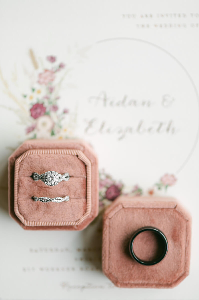 wedding rings in pink ring box