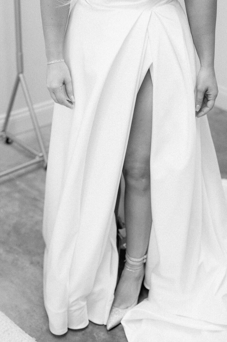 bride's dress and shoes