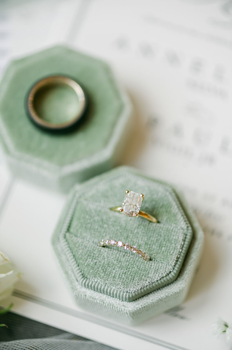 wedding ring in green ring box at The Peach Orchard