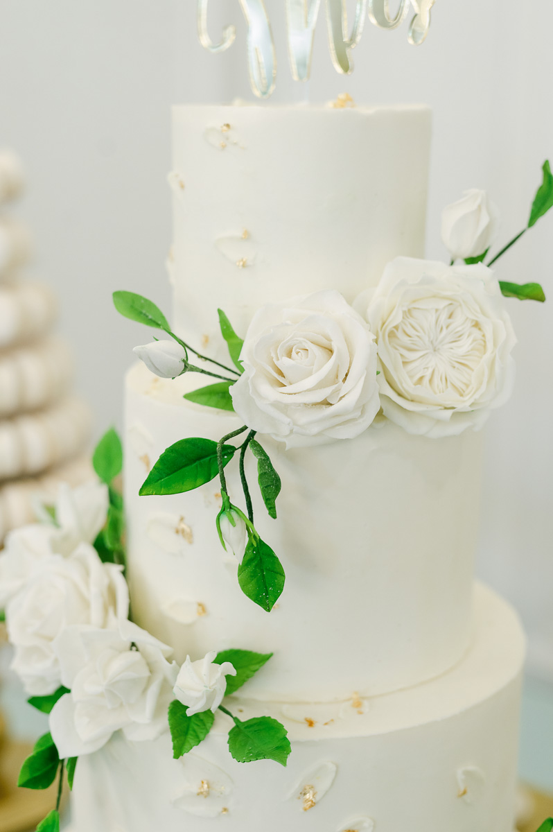 white cake with flowers