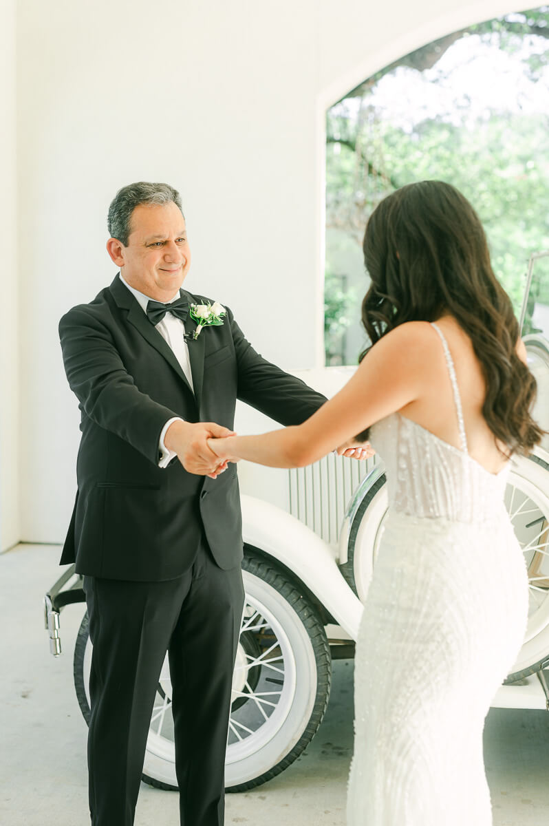 a bride and her father outside The Peach Orchard 