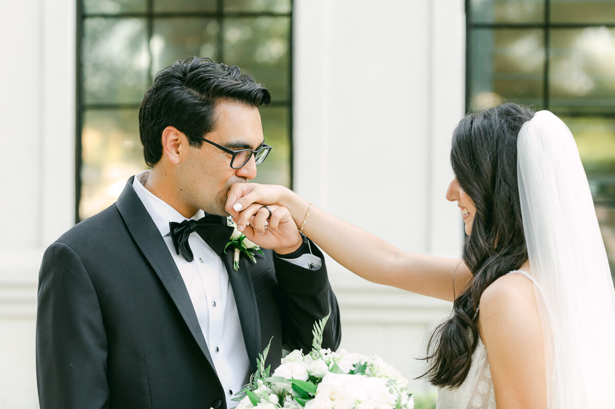 couple outside The Peach Orchard wedding venue