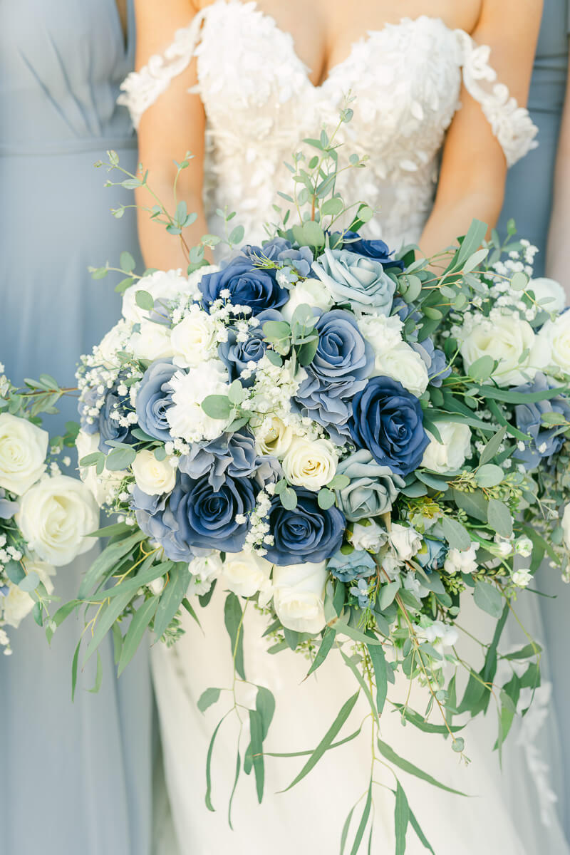 blue wedding bouquets by Montgomery wedding photographer