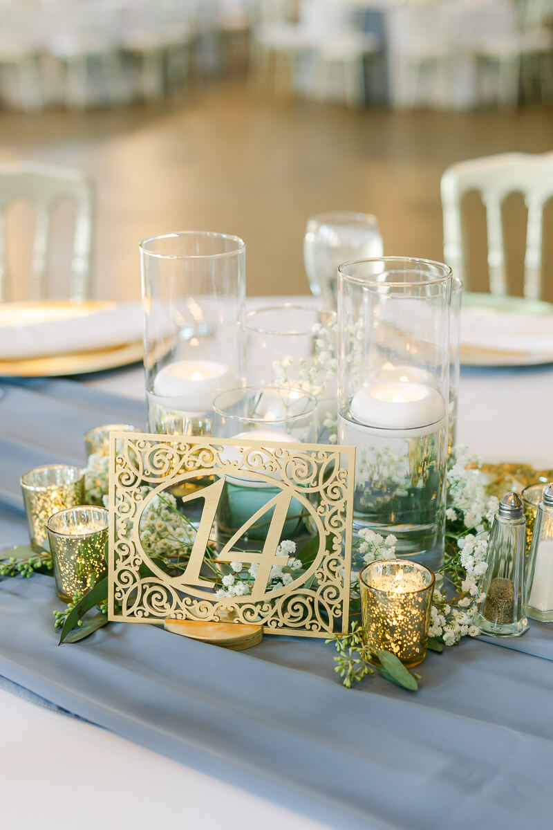 blue wedding reception details at Iron Manor wedding venue