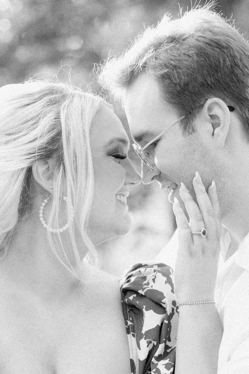 black and white photo of engaged couple in Houston