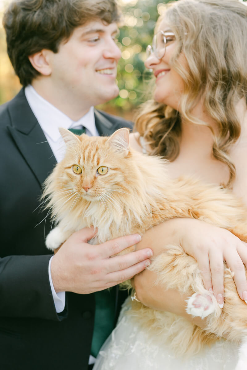 a couple posing with their cat