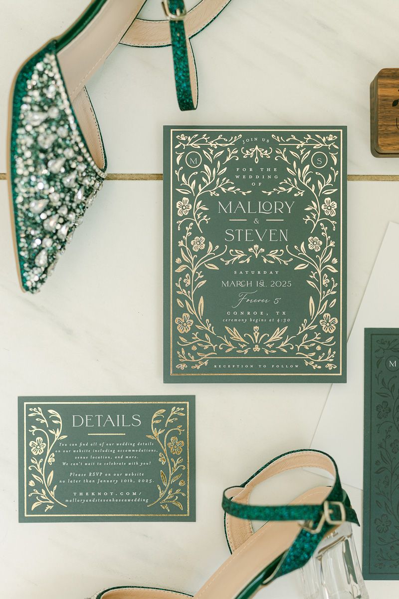 green gold foiled wedding invitation