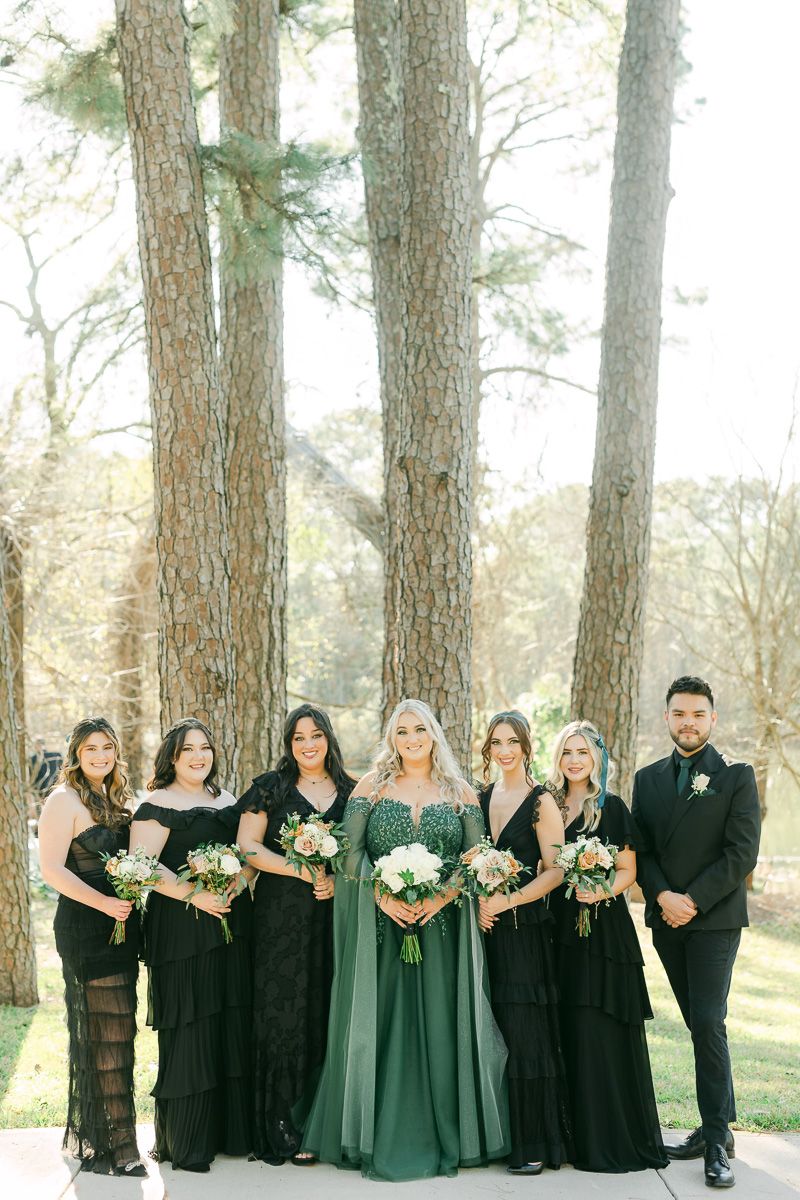 wedding party wearing black and green