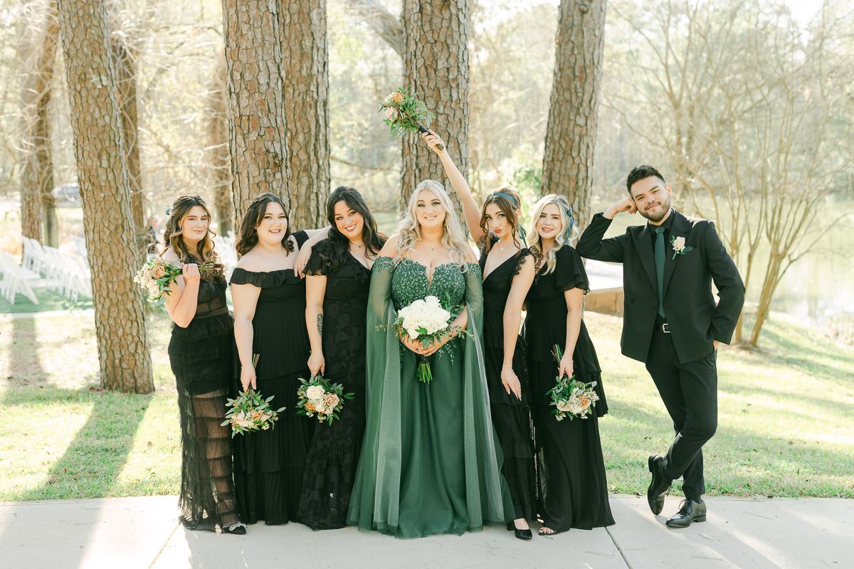 wedding party wearing black and green