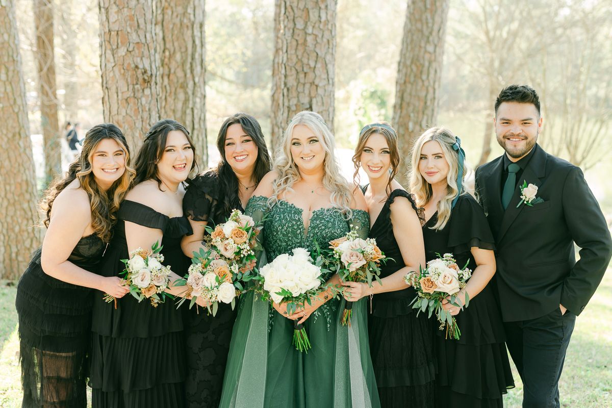 wedding party wearing black and green