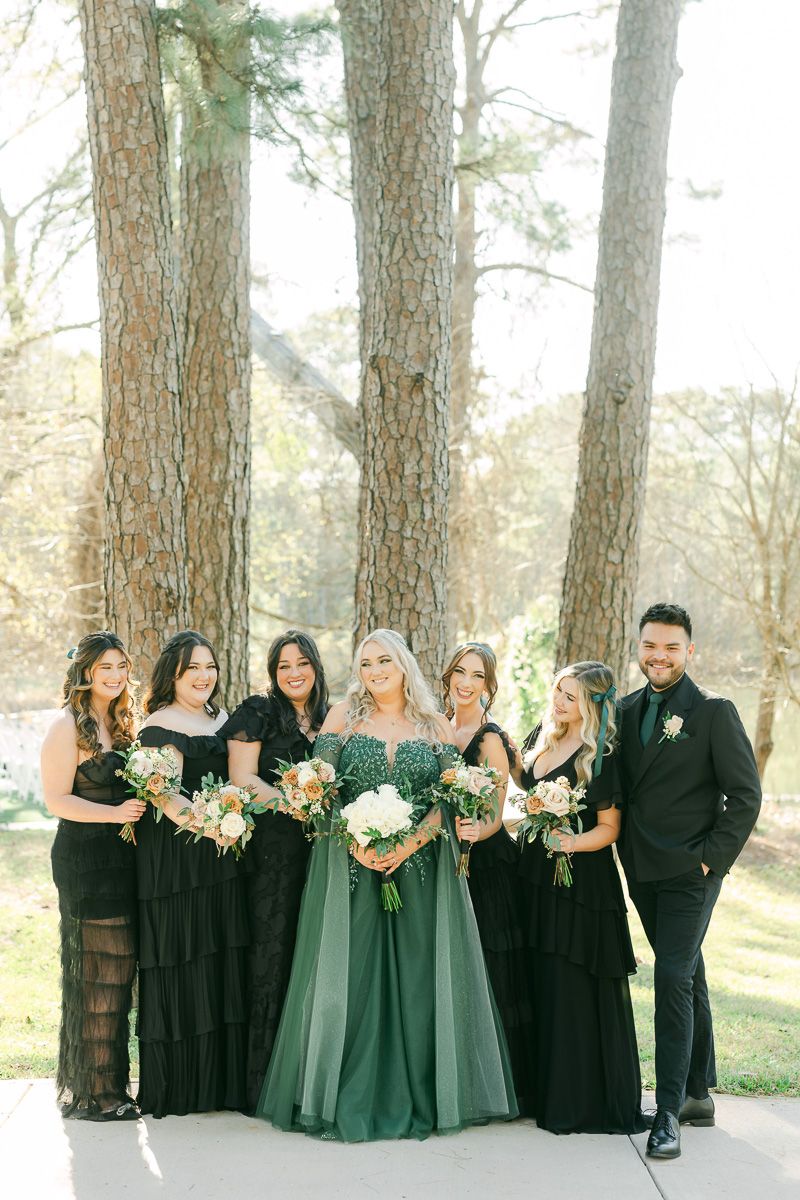 wedding party wearing black and green