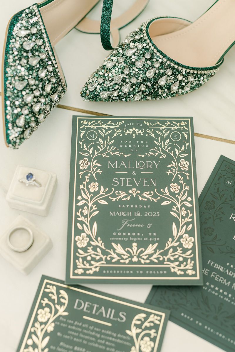 green gold foiled wedding invitation