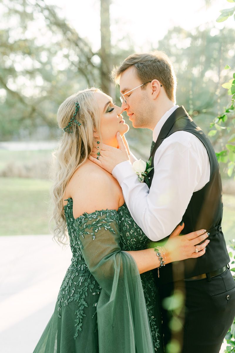 groom leaning into bride after wedding in Conroe