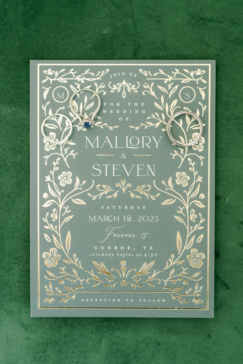 green gold foiled wedding invitation