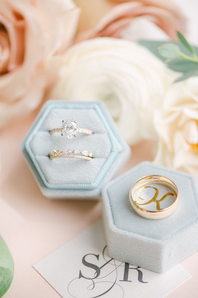 wedding rings in blue ring box