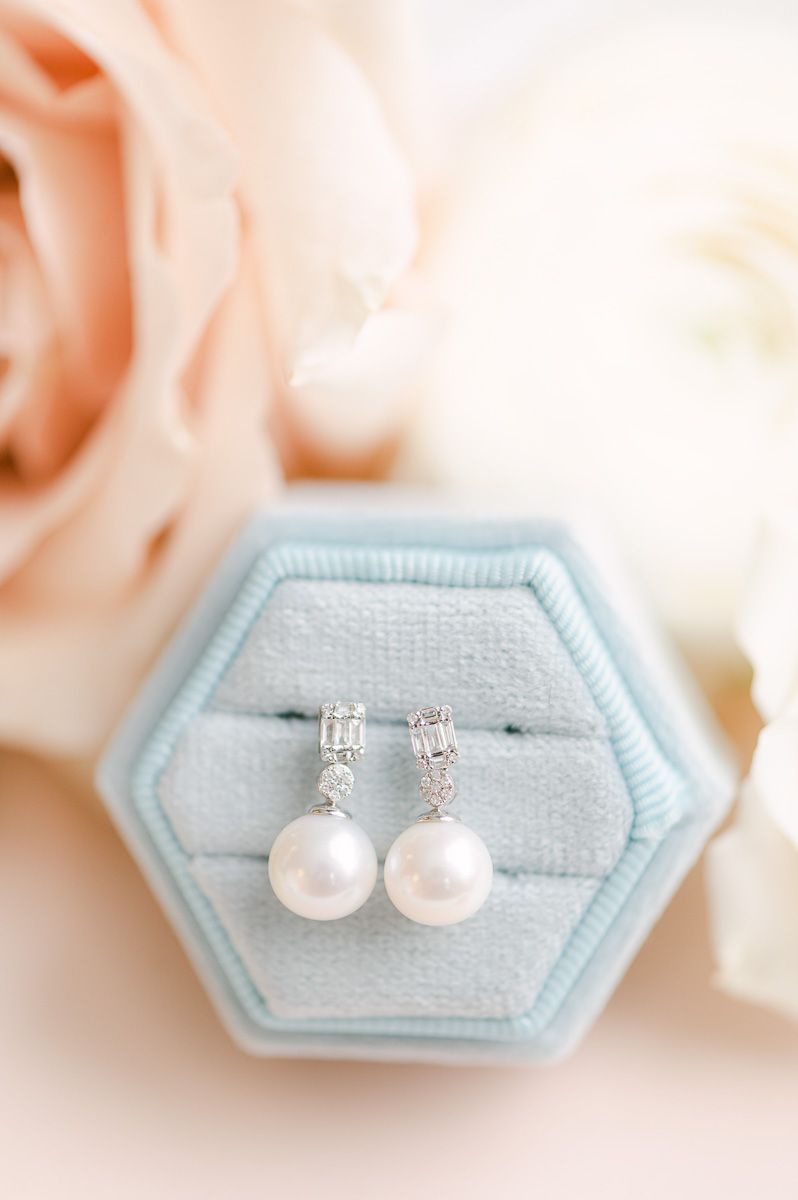 wedding earrings in blue ring box