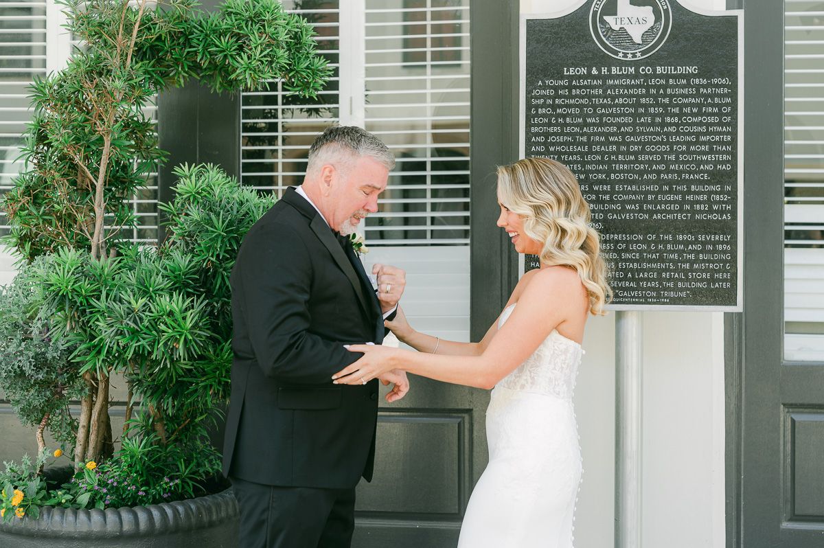 first look with dad outside Galveston Wedding Venue