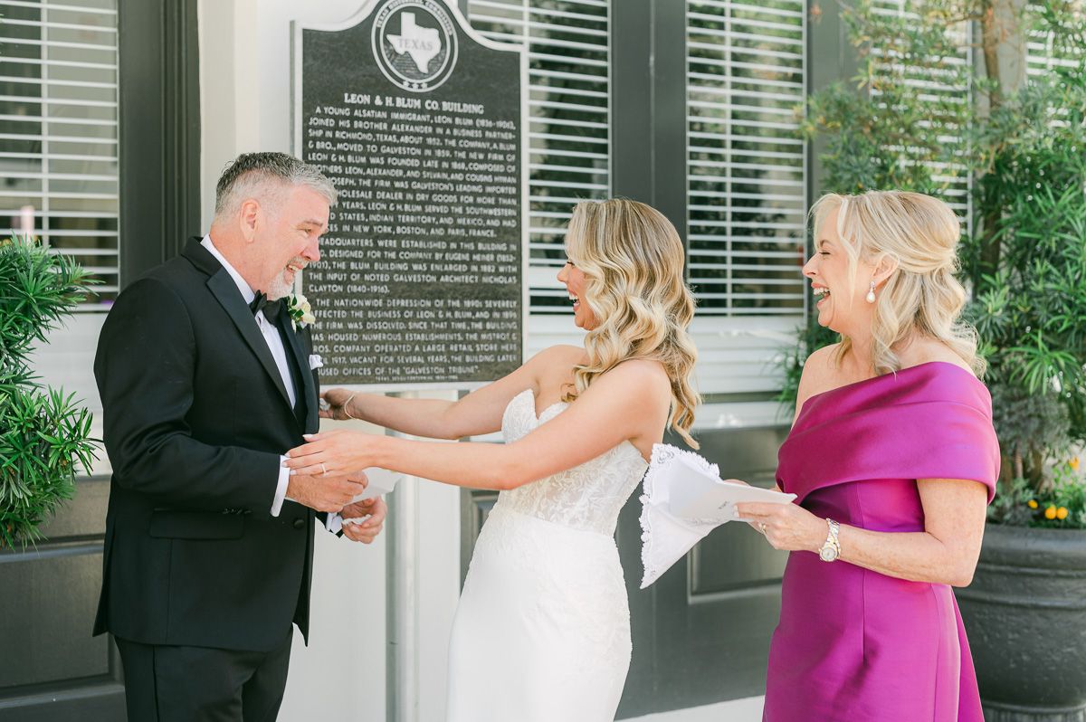first look with dad outside Galveston Wedding Venue