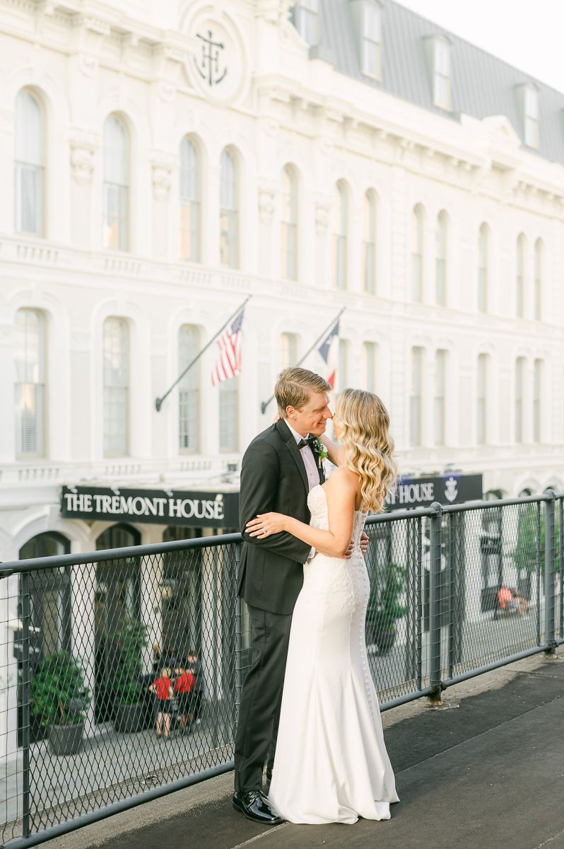 bride and groom on roof of Galveston wedding venue The Tremont House