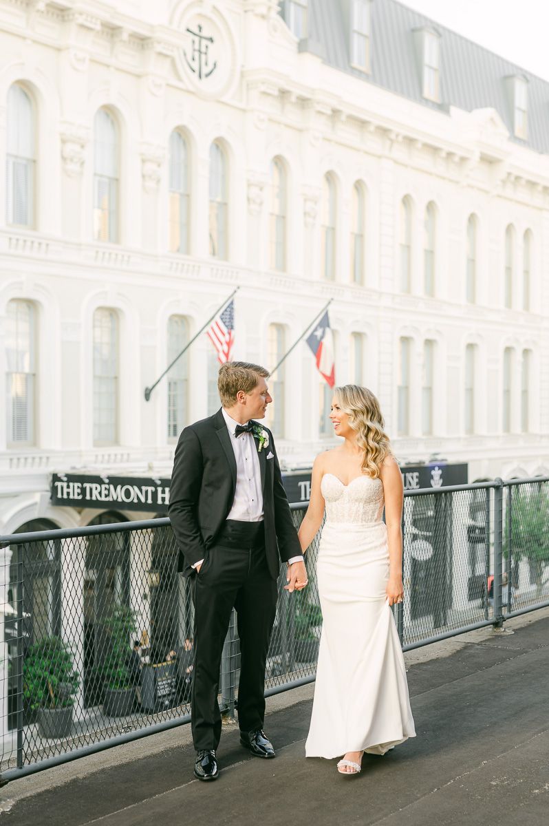 bride and groom on roof of Galveston wedding venue The Tremont House