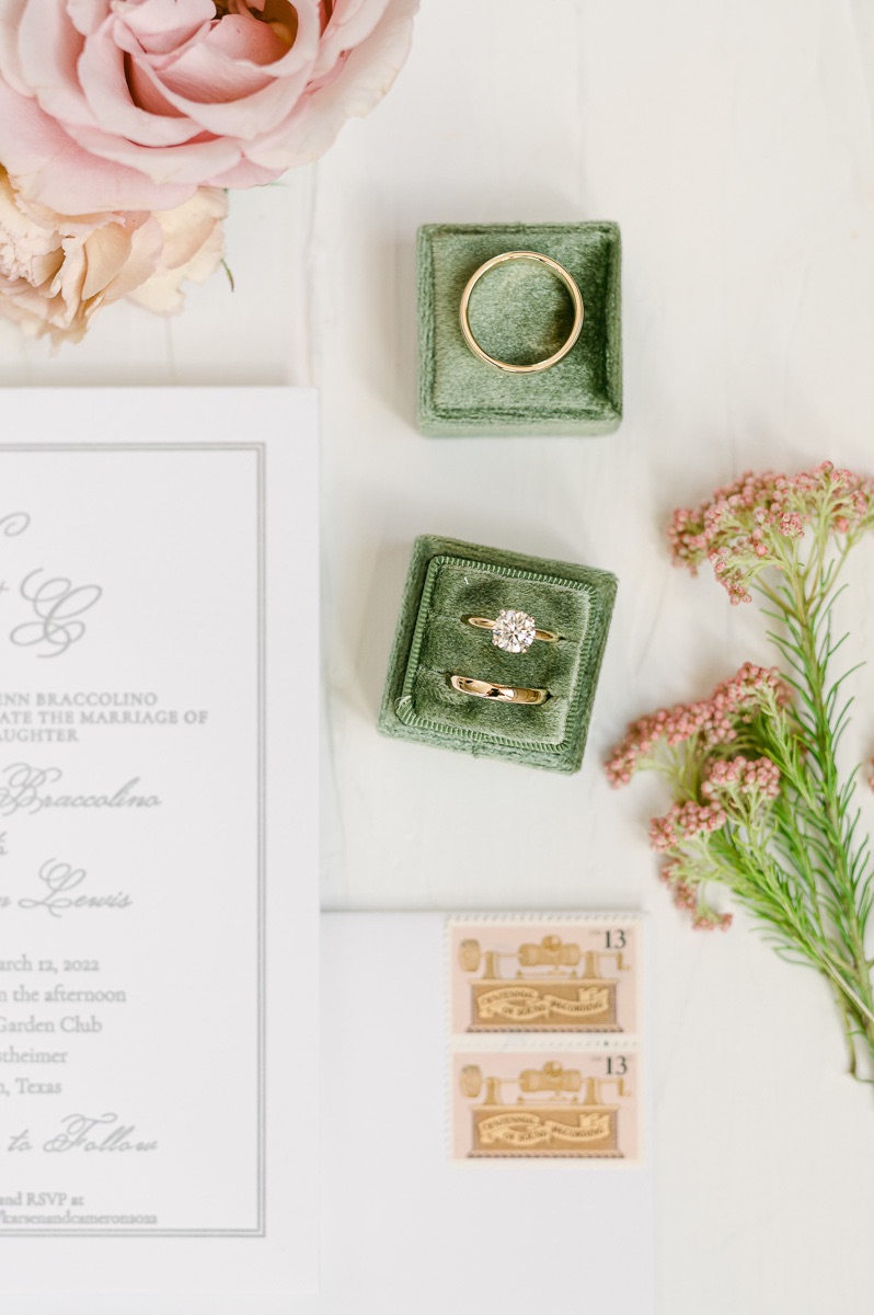 wedding rings in green ring box