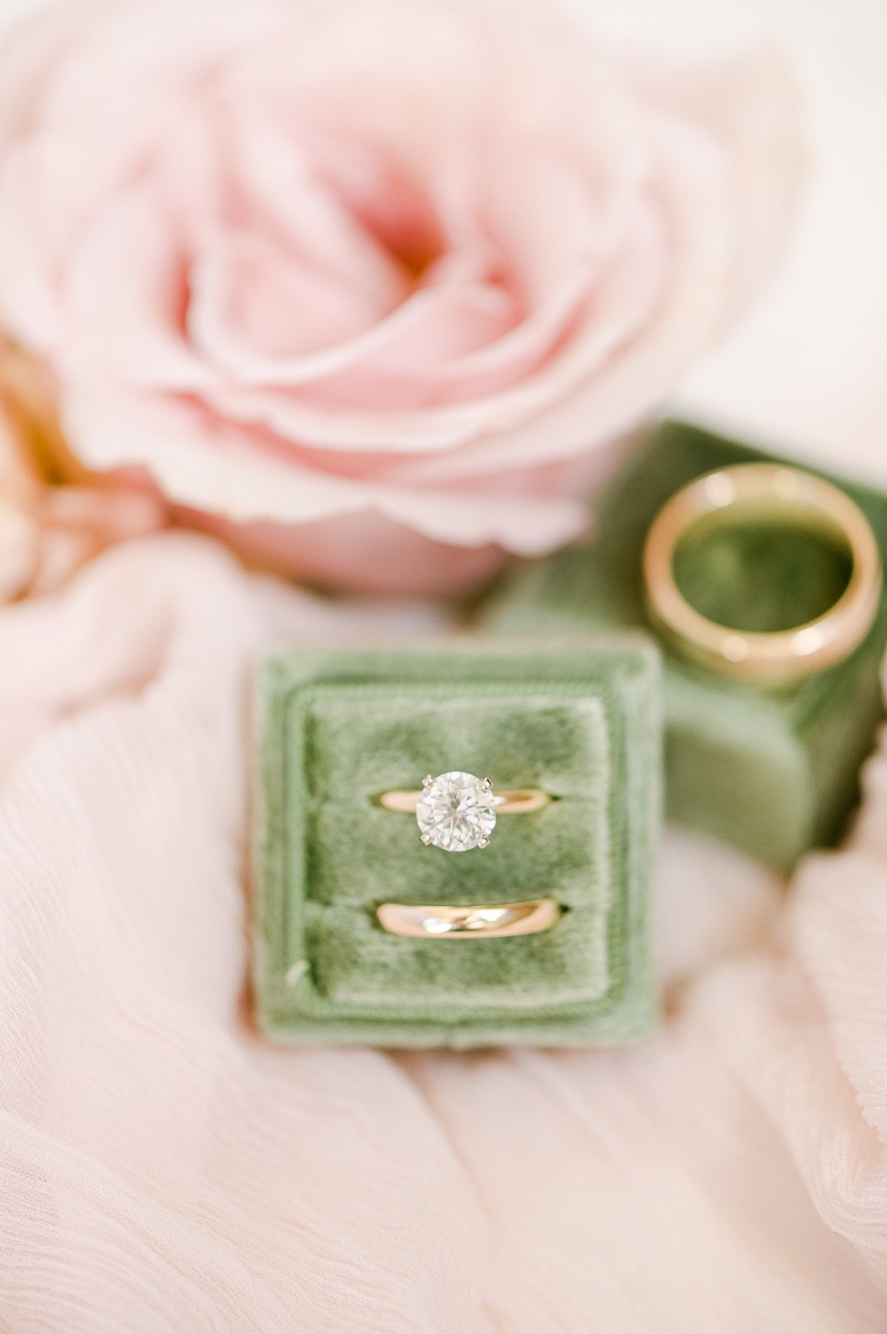 wedding rings in green ring box