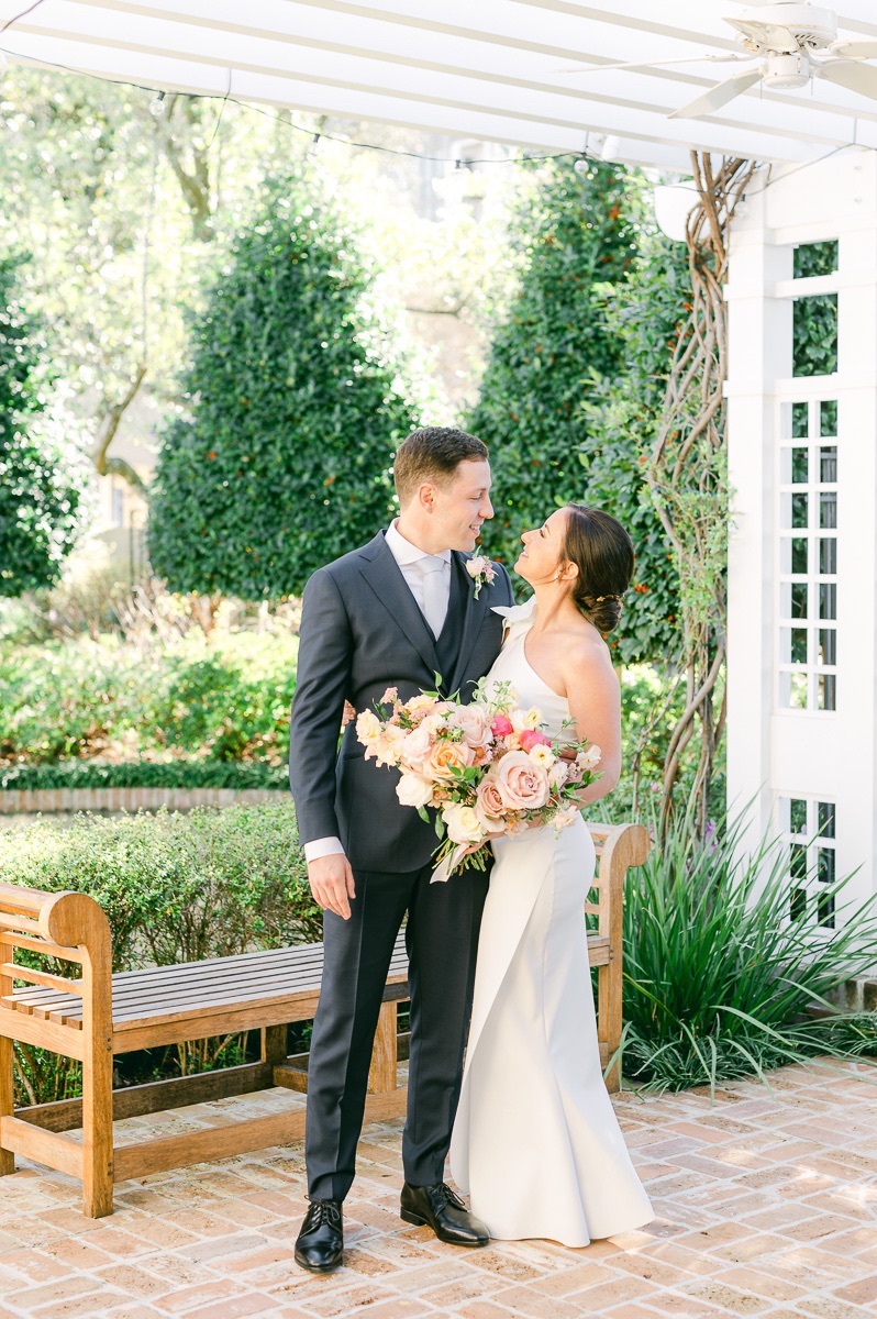 bride and groom at garden wedding in Houston