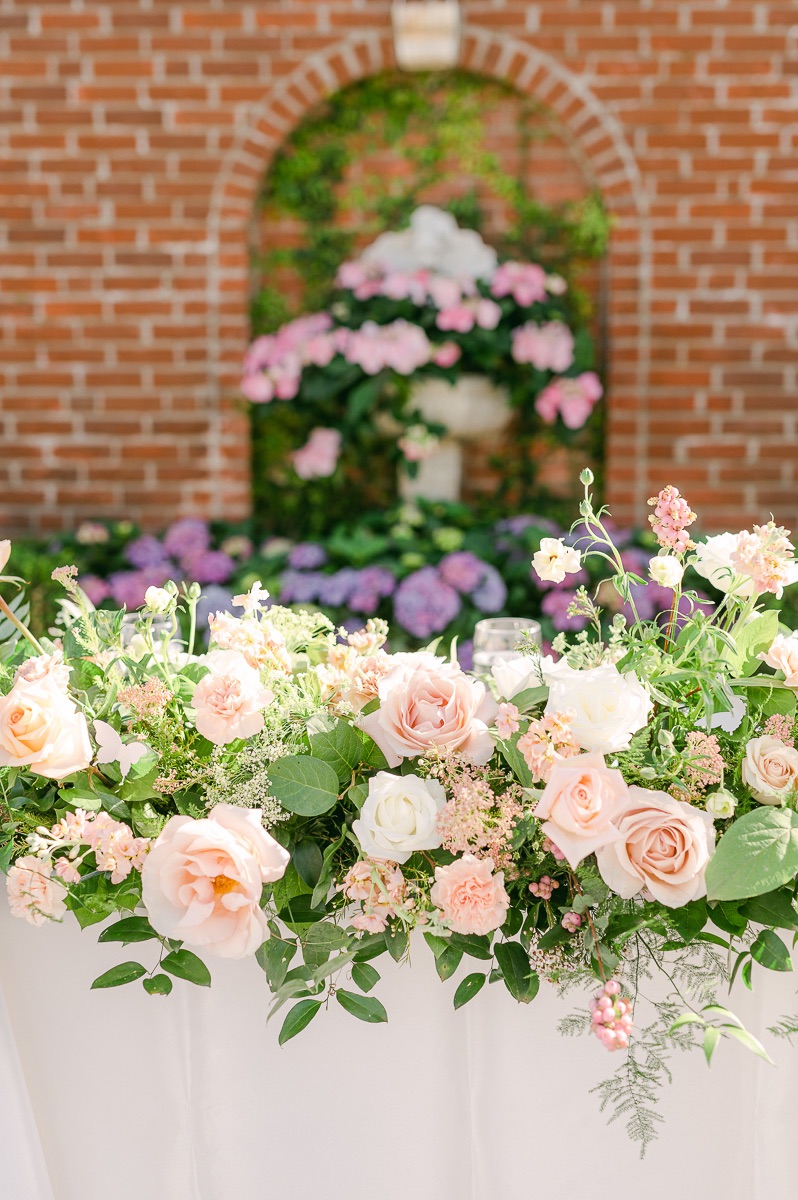 pink florals for reception at river oaks garden club wedding