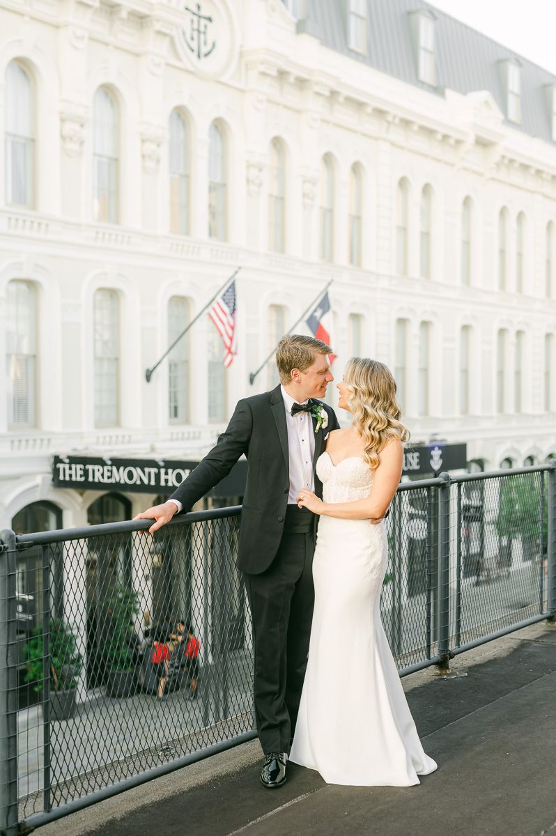 bride and groom on roof of Galveston wedding venue The Tremont House