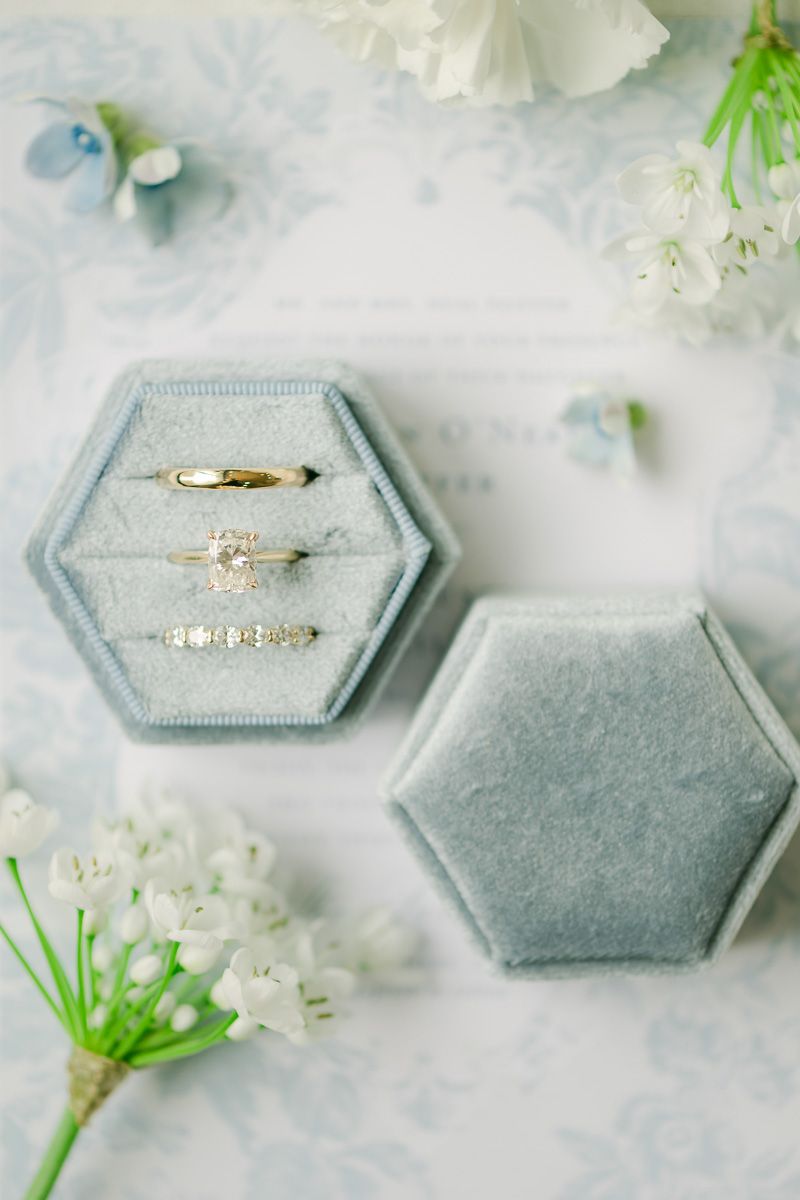 wedding rings in blue ring box