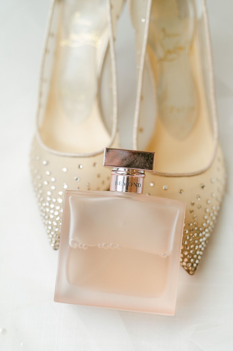gold wedding shoes and perfume