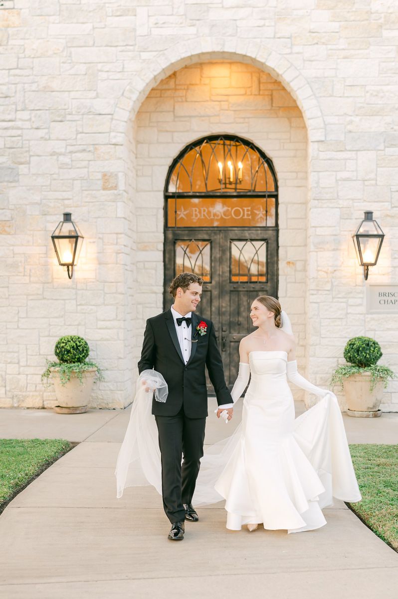 bride and groom at black tie wedding at Briscoe Manor