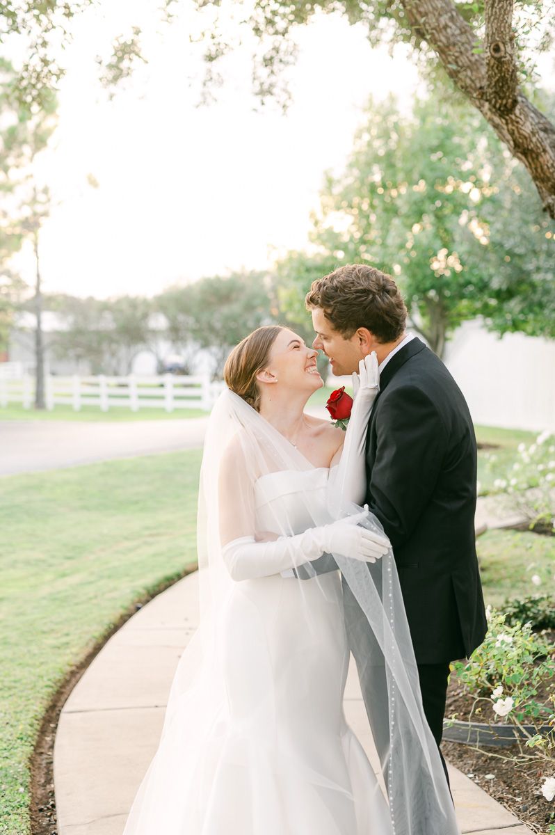 bride and groom at black tie wedding at Briscoe Manor