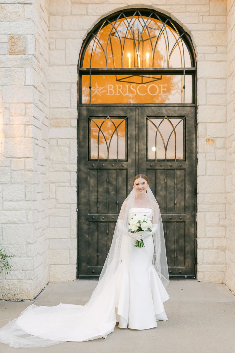 bride in classic wedding dress and long veil