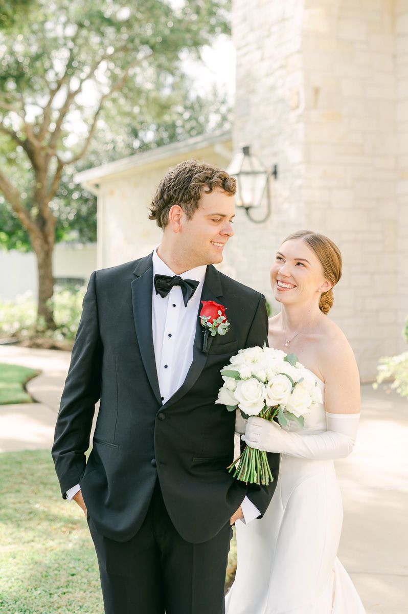 couple at their black tie wedding at Briscoe Manor
