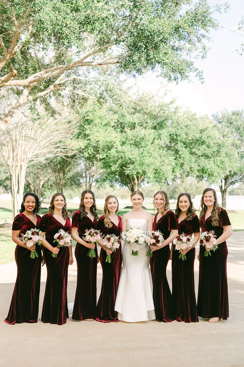 bridesmaids wearing burgundy dresses in Richmond, Tx
