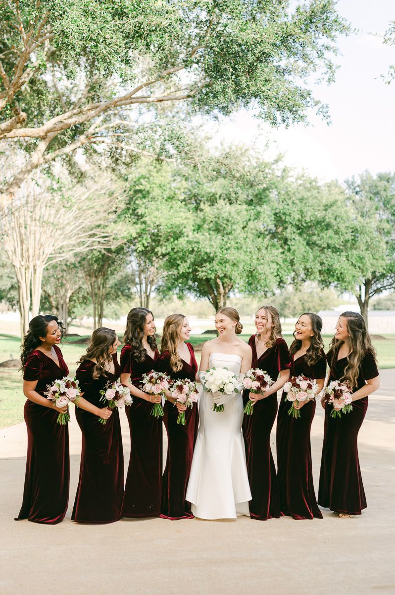 bridesmaids wearing burgundy dresses in Richmond, Tx