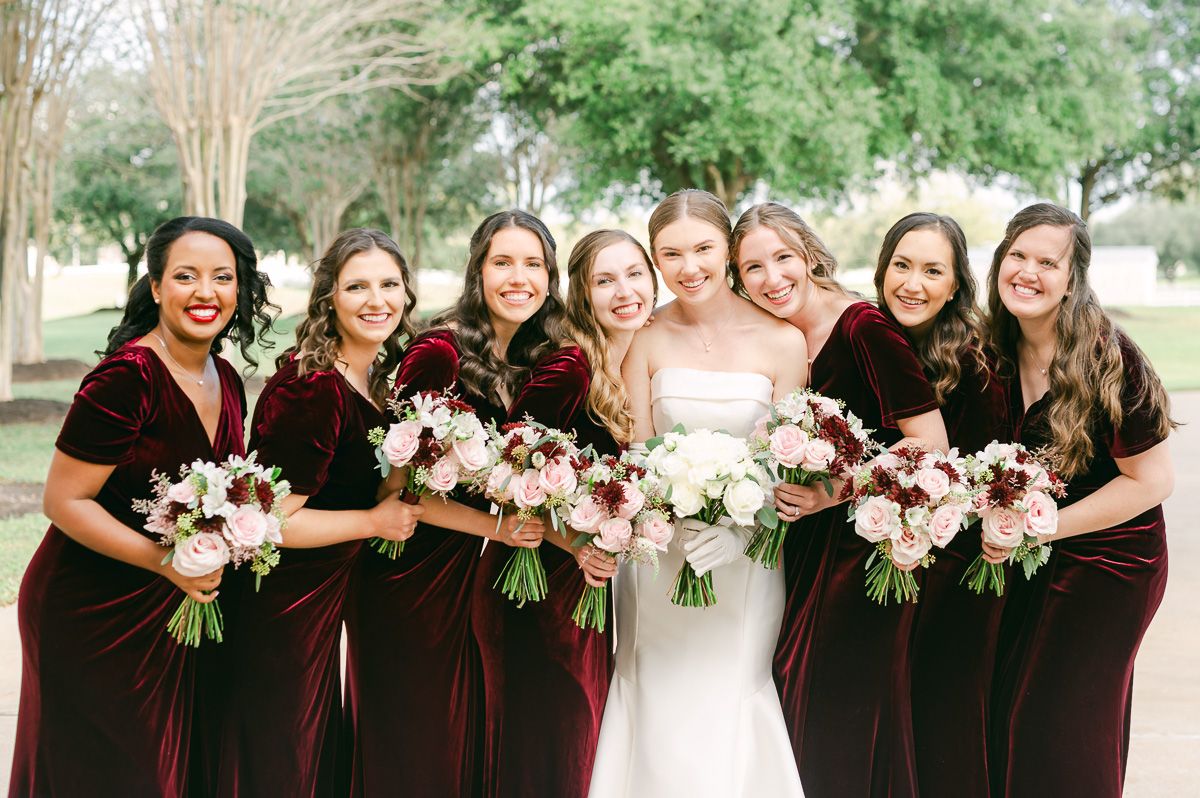 bridesmaids wearing burgundy dresses in Richmond, Tx