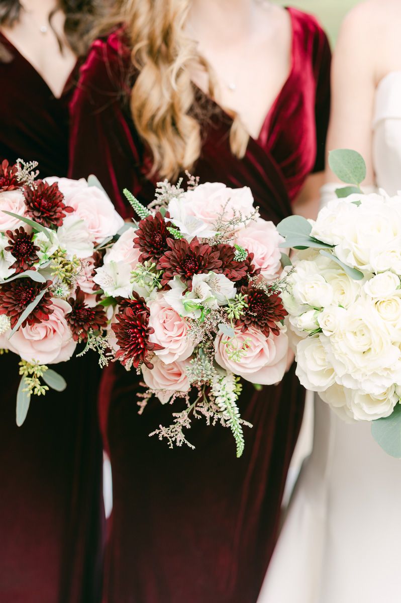 bridesmaids wearing burgundy dresses in Richmond, Tx
