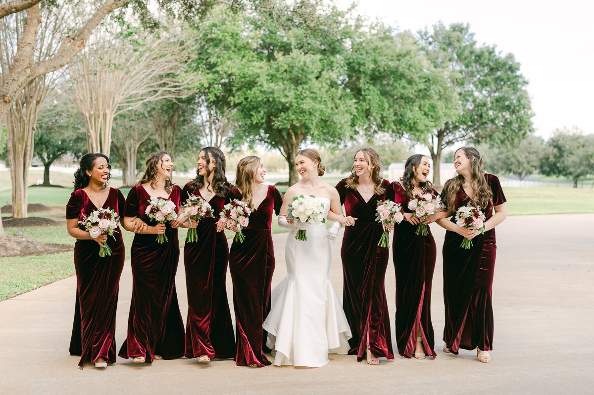 bridesmaids wearing burgundy dresses in Richmond, Tx