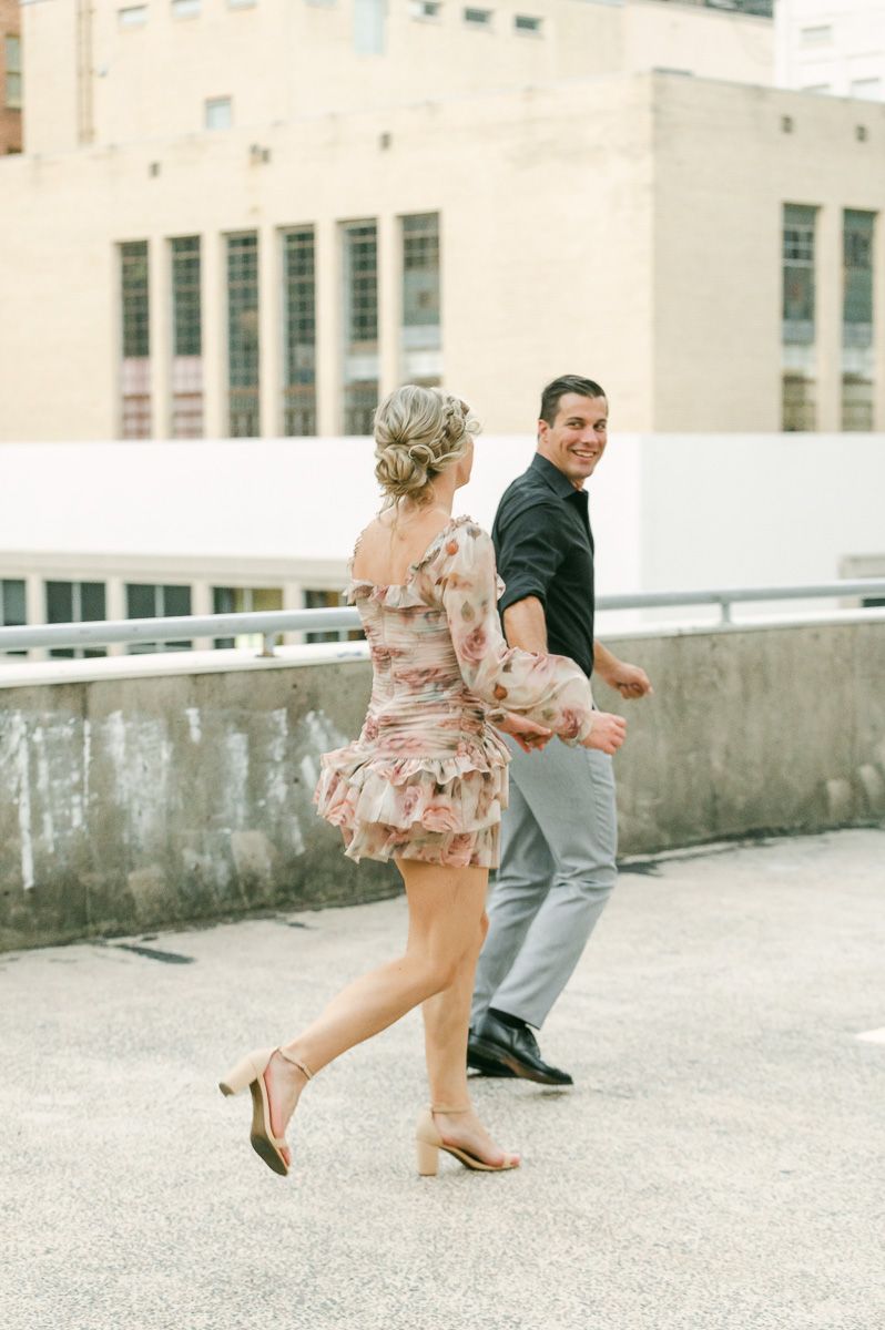 couple during engagement session in Downtown Houston 