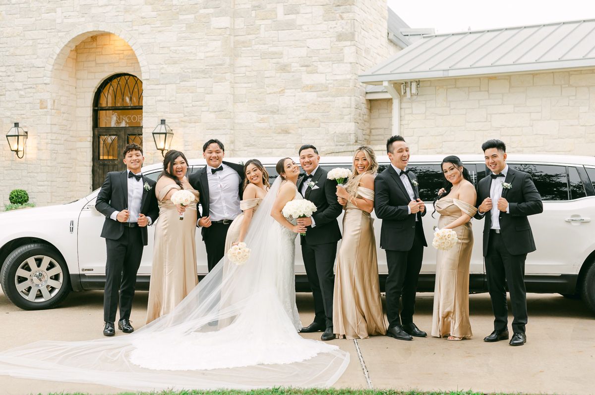 wedding party with limo outside Briscoe Manor